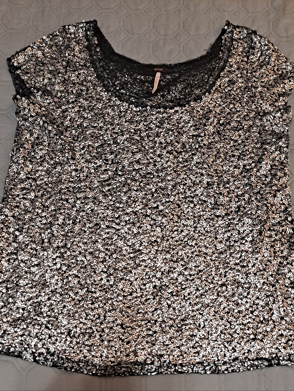 Free People Silver Sequin Women's Party Top - Sparkling Short Sleeve Sz S
